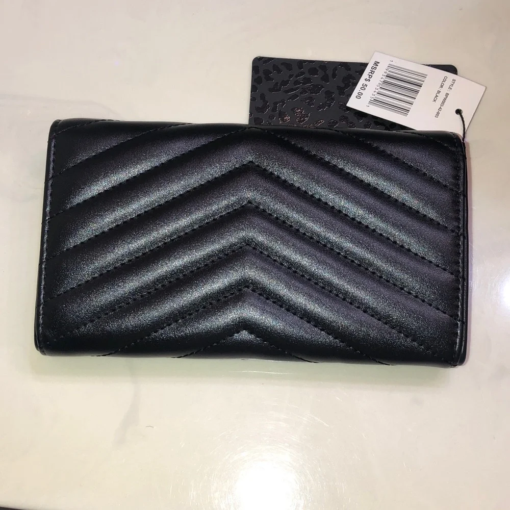 Baby Phat Black Faux Leather Quilted Chevron Flap Clutch Wallet Cat Logo NWT